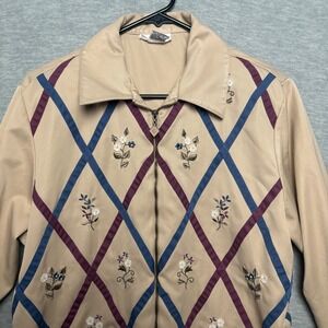 Vintage Embroidered Floral‎ Argyle Pattern Zip Jacket Grandma Core Women Medium